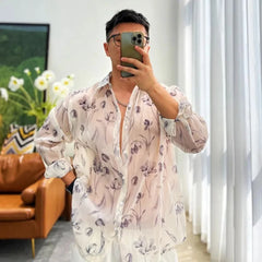 Hehope Men Sheer Floral Shirt Fashion Sexy Mesh See-through Long Sleeve Shirts Summer Casual Blouse Neutral Thin Loose Clothing