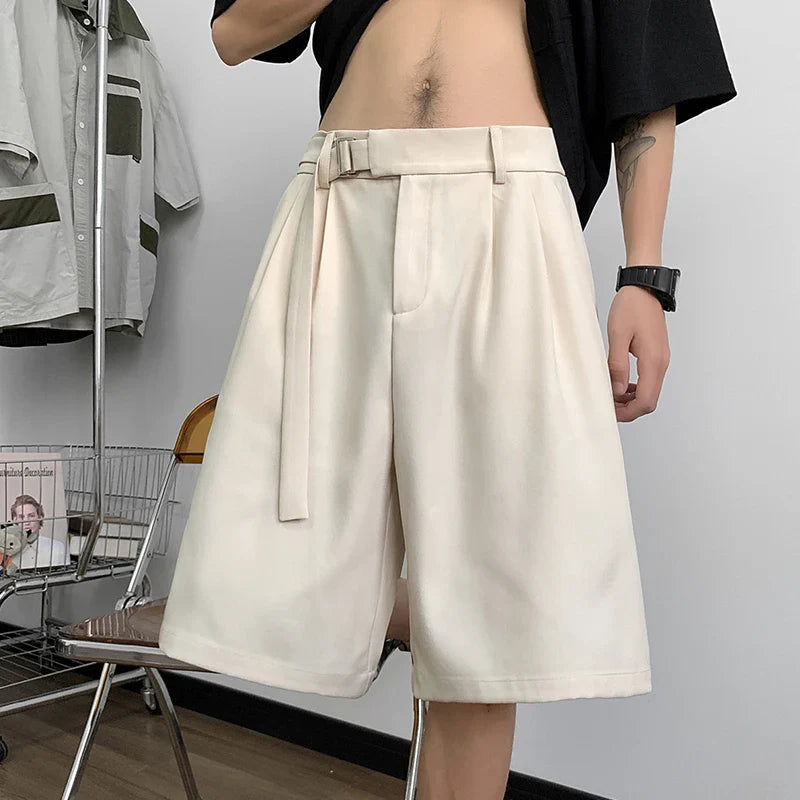 Hehope Korean Style Mens Casual Shorts Ribbons Belt Knee-Length Suit Pant Black Beige Elastic Waist Loose Summer Short Trouser Boy