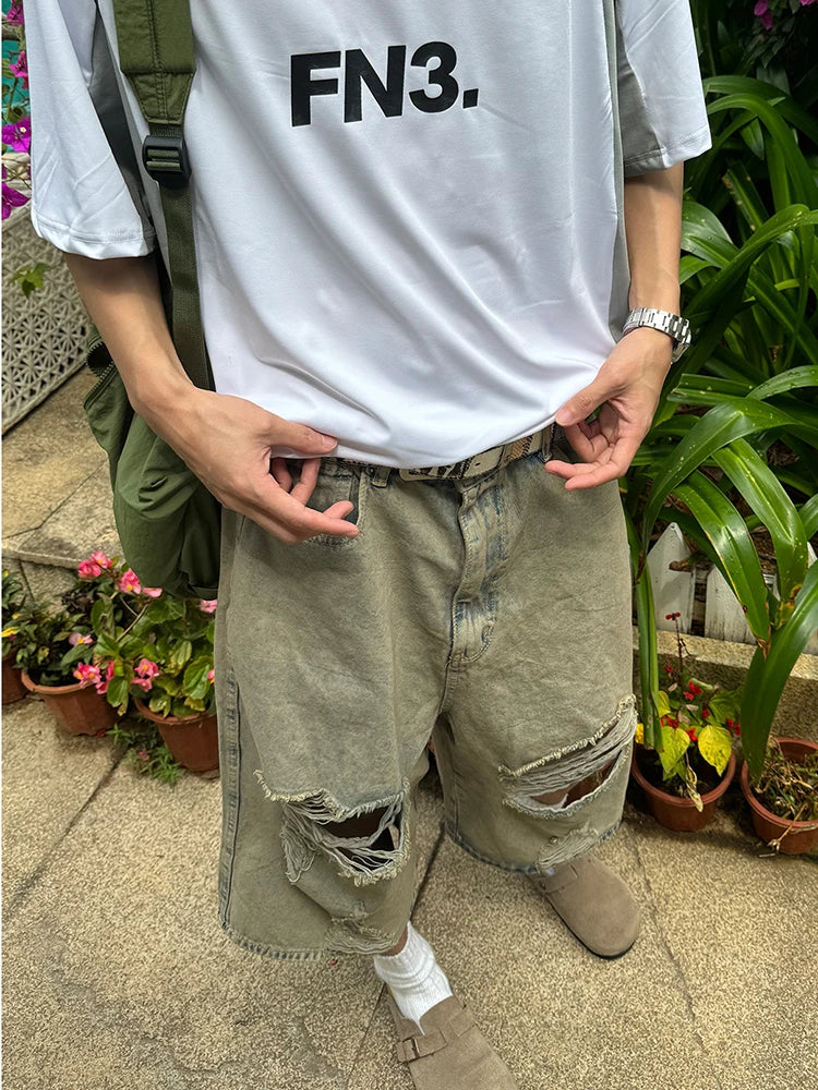 Hehope Hip Hop Mens Denim Three Quarter Pant Y2K Men Ripped Jeans Streetwear 2024 Spring Summer Vintage Loose Straight Jeans For Male