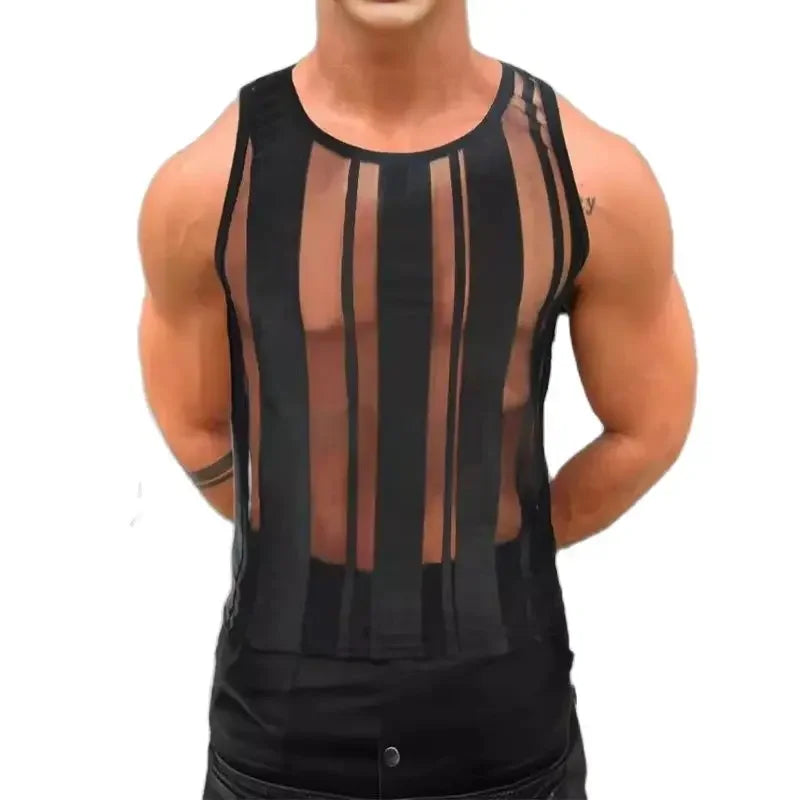 Hehope Sexy See Through Mesh Tank Tops Men Party Wear Slim Elastic Hollow Out Breathable Vest Mens 2024 Summer Fashion O Neck Camisoles