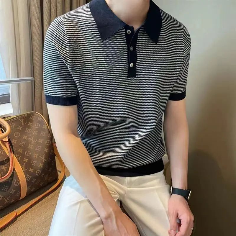 Hehope Summer Fashion Smart Casual Trendy New Ice Silk Knit Polo Shirt Men's Panelled Stripe Lapel Button Versatile Short Sleeved Top