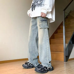 Hehope Autumn New Cargo Pants Streetwear Patchwork Jeans Wide Leg Pants Harajuku Casual Mopping Denim Pants Men Clothing Y2K