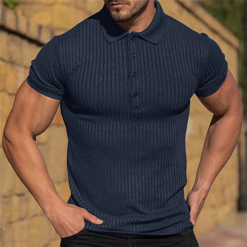 Hehope Summer Fashion Solid Ribbed Sports Polo Shirt for Men Short Sleeve Slim Fit Breathable Fitness Gym Bodybuilding Tops Ropa Hombre