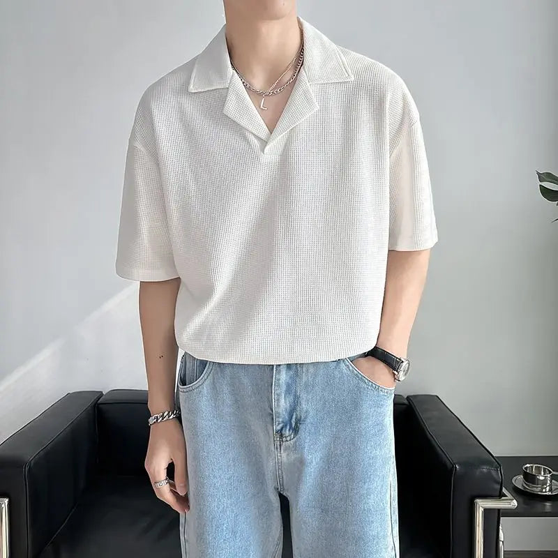 Hehope Men's Clothing Fashion Street Casual Office Lady Loose Solid Short Sleeve Temperament Summer Thin Turn-down Collar T-Shirt