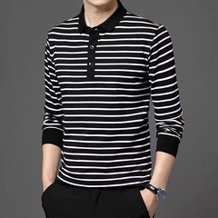 Hehope Men's Striped Long-sleeved T-shirt POLO Collar Spring/summer New Bottom Korean Version Slim Fitting Trend Stitching Button