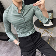 Hehope British Style Striped Shirts Mens Long Sleeve Business Formal Dress Shirt Casual Slim Fit Shirt Streetwear Social Party Clothing