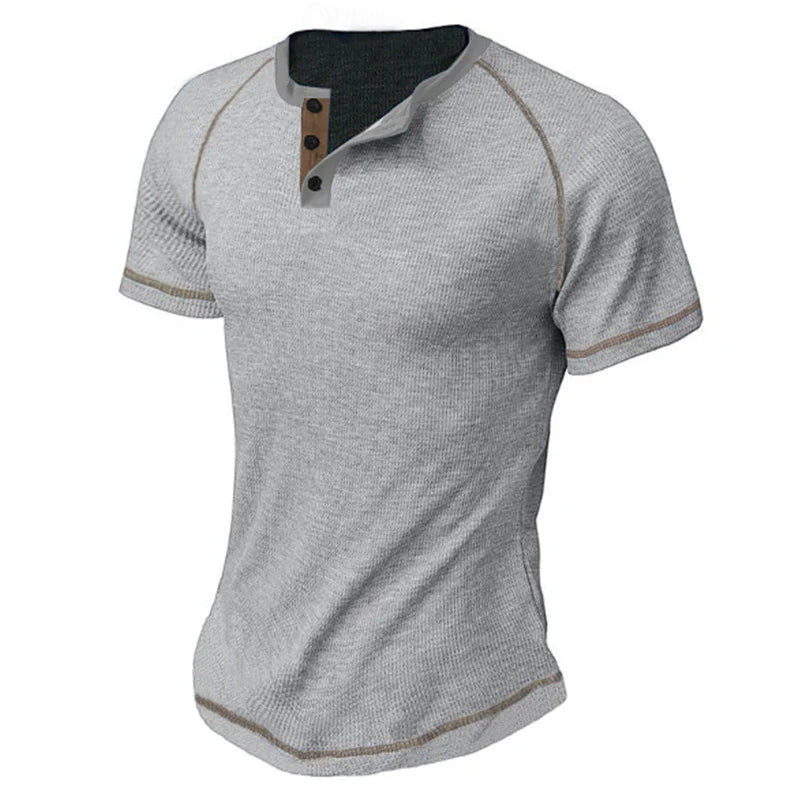 Hehope Waffle Breathable Mens T-shirt Summer Vintage Jacquard Striped Short Sleeve Henley Shirt For Men Casual Loose V Neck Button Tees