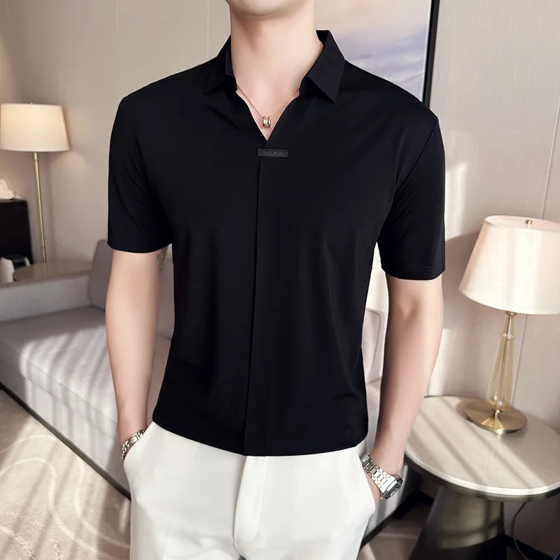 Hehope High Elasticity Mens Short Sleeved T-shirt 2024 Summer Breathable and Soft Solid Casual Slim Fit Ice Silk T-shirt Men Clothing