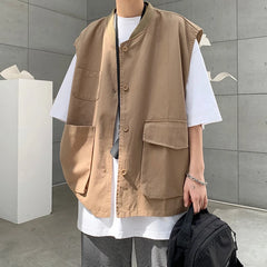 Hehope Japanese Men's Vest Vest Korean Trend Tooling Multi-pocket Vest Jacket  vintage vest Khaki Navy Blue mens clothing