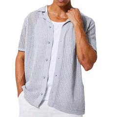 Hehope Mens Fashion Knitted Cardigan Summer Cool Hollow out Top Short Sleeve Shirt Lapel Button Loose Men's Knit Tshirt