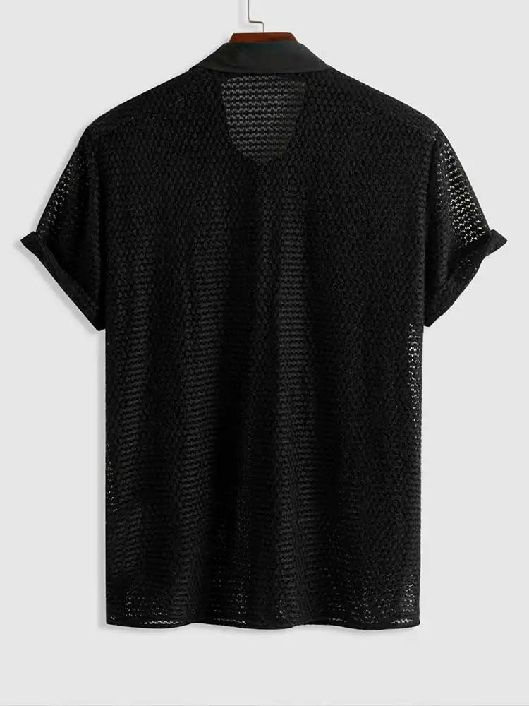 Hehope Solid Thin Shirts for Men Sexy Mesh See-Through Short Sleeves Shirt Summer Streetwear Openwork Black Tops