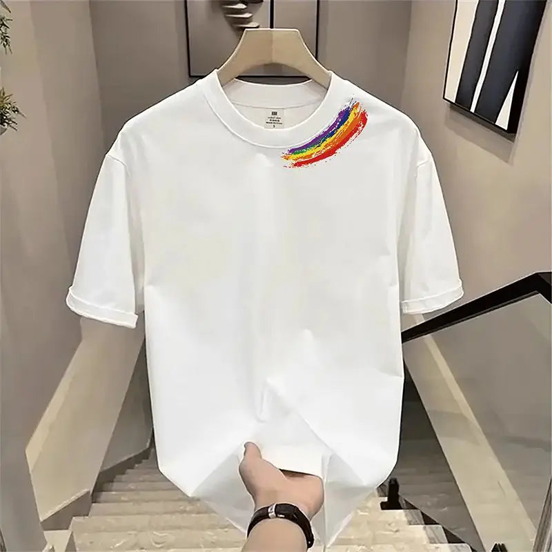 Hehope Street Casual Trend All-match Heavyweight Cotton Printing Rainbow Soft Loose Comfort New Style Men's Short Sleeved Summer 2024