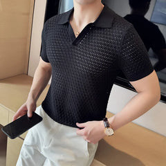 Hehope Men's Polo Shirt 2024 Summer New Light and Thin Knitted Hollow Solid Color Casual Short Sleeved V-neck T-shirt Men's Clothing