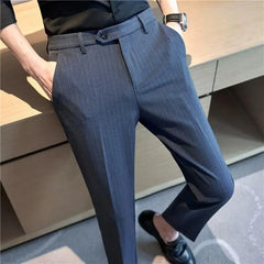 Hehope Autumn High Quality Stripes Suit Pants Mens Business Slim Fit Solid Color Suit Pants Office Social Wedding Party Dress Pants