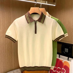 Hehope Streetwear Mens Knitting Polo Shirts Summer Knitwear Short Sleeve Lapel Zipper Slim Knit Tops Men Vintage Patchwork Knitted Tees