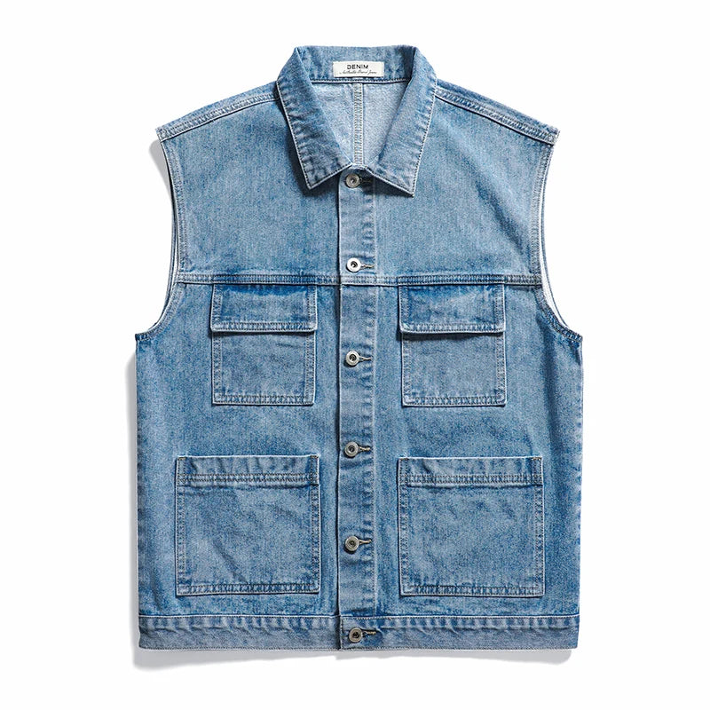 Hehope Spring New Men's Blue Denim Vest Loose Retro Multi-pocket Student Jacket Sleeveless Vest Jacket Brand Men's