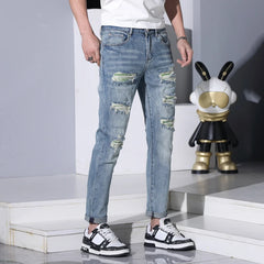 Hehope Ripped Jeans Men's Summer Thin Elastic Soft Comfortable Breathable Street Fashion Slim Fit Skinny Blue Casual Pants