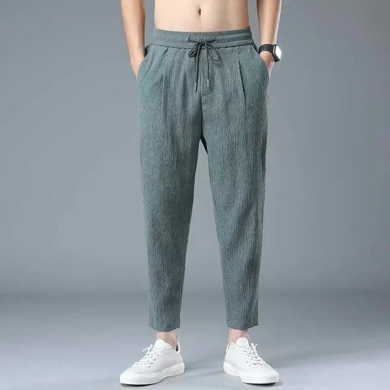 Hehope Spring Summer Men Cotton Hemp Ice Silk Pants Streetwear Fashion Male Basic Elastic Waist Loose Sports Straight Casual Trousers