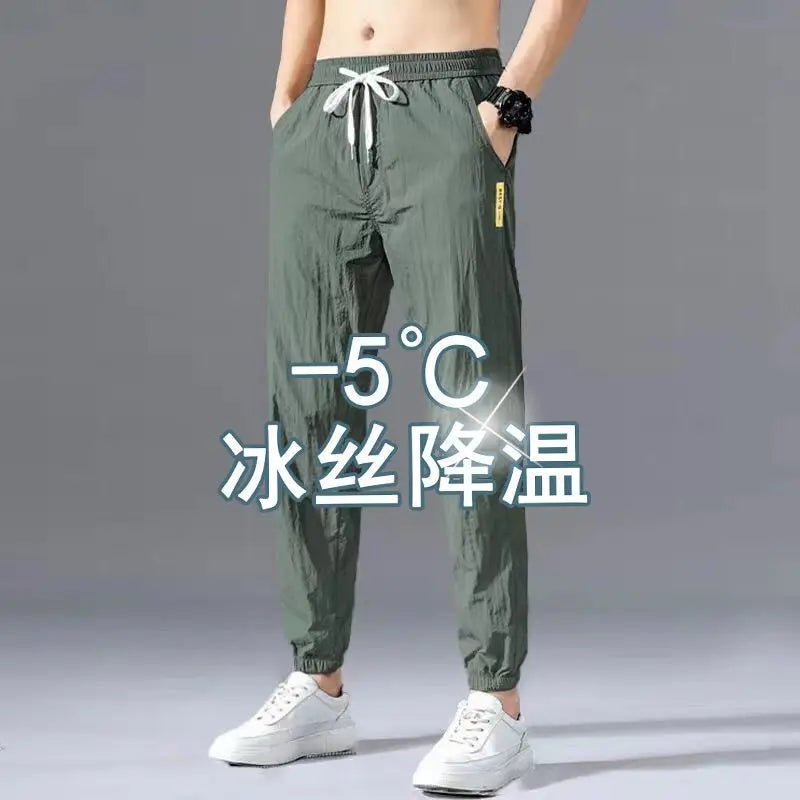 Hehope Spring Summer Men Cotton Hemp Ice Silk Pants Streetwear Fashion Male Basic Elastic Waist Loose Sports Straight Casual Trousers