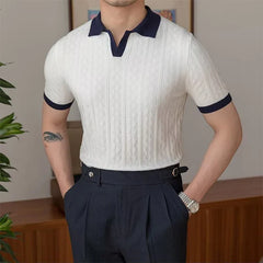 Hehope Summer Fashion Men Short Sleeve Slim Polo Shirt Vintage Patchwork Knitted Polos Men Clothing Male Casual V-Neck Lapel Pullover