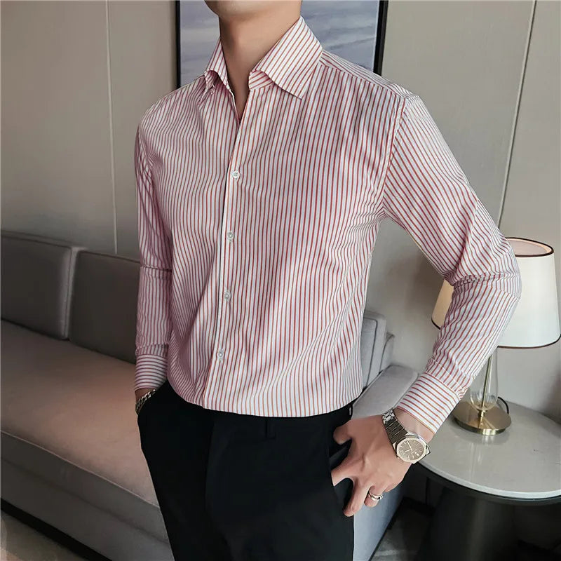 Hehope Striped Shirts for Men Autumn Korean Version Solid Color Casual Long Sleeved Elastic Slim Fit Camisas Fashion Men Clothing