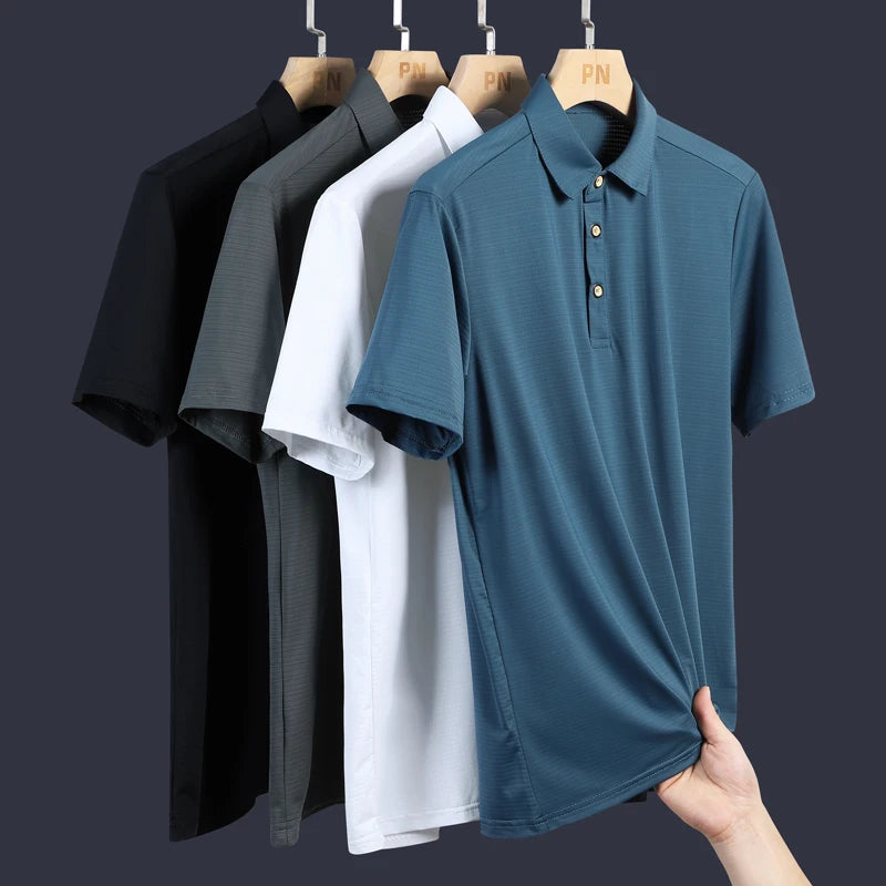 Hehope New Male Versatile Summer Thin Breathable Polo Neck Short Sleeve Top Men'S Solid Color Traceless Quick Dried Ice Silk T-Shirt