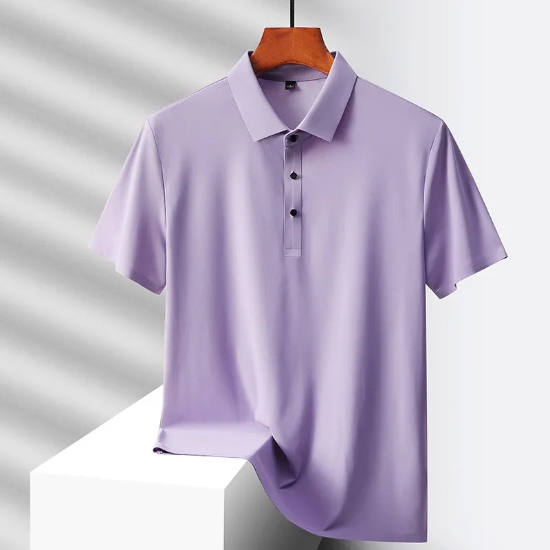 Hehope Summer Ice Silk Quick Drying Loose Polo Shirt Middle Aged Men's Solid Lapel Button Simple Versatile Casual Thin Short Sleeve Top