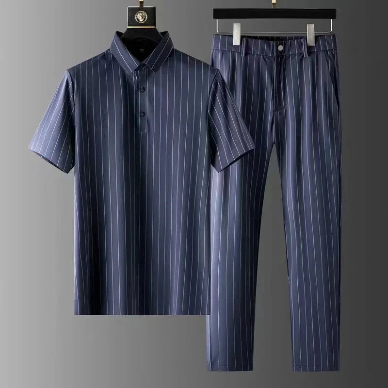 Hehope New Short-sleeve Thin Stripe Shirt + Trousers Two-piece Suit Mens Short Sets Business Casual Outfits Men Summer Luxury Clothing