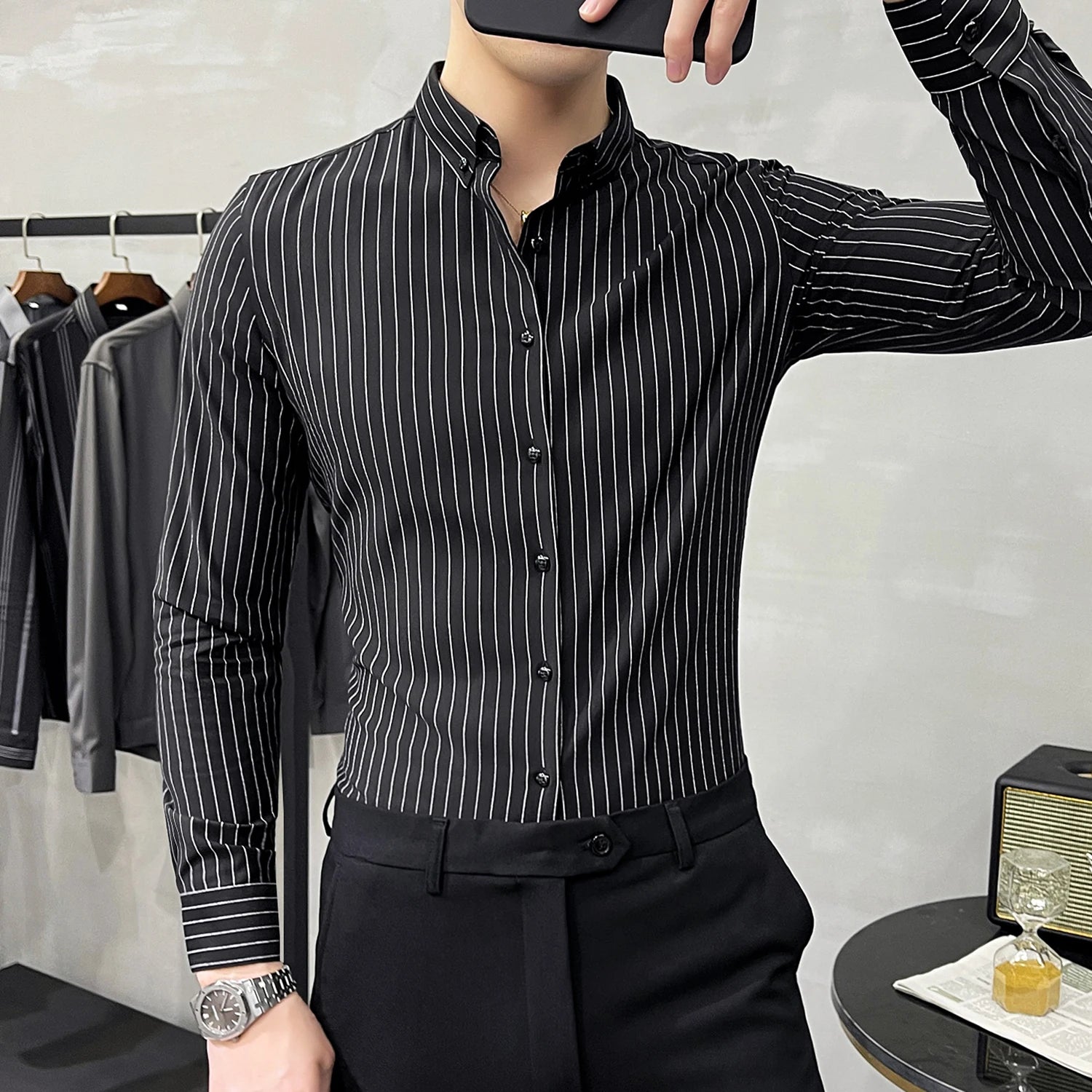 Hehope British Style Striped Shirts Mens Long Sleeve Business Formal Dress Shirt Casual Slim Fit Shirt Streetwear Social Party Clothing