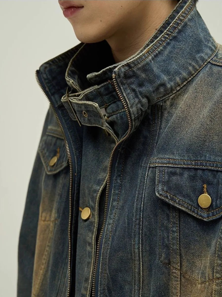 Hehope Vintage Denim Jacket Man Woman Short Zipper Single Breasted Cowboy Crop Coats Blue Washed Stand Collar Unisex Jeans Outerwear