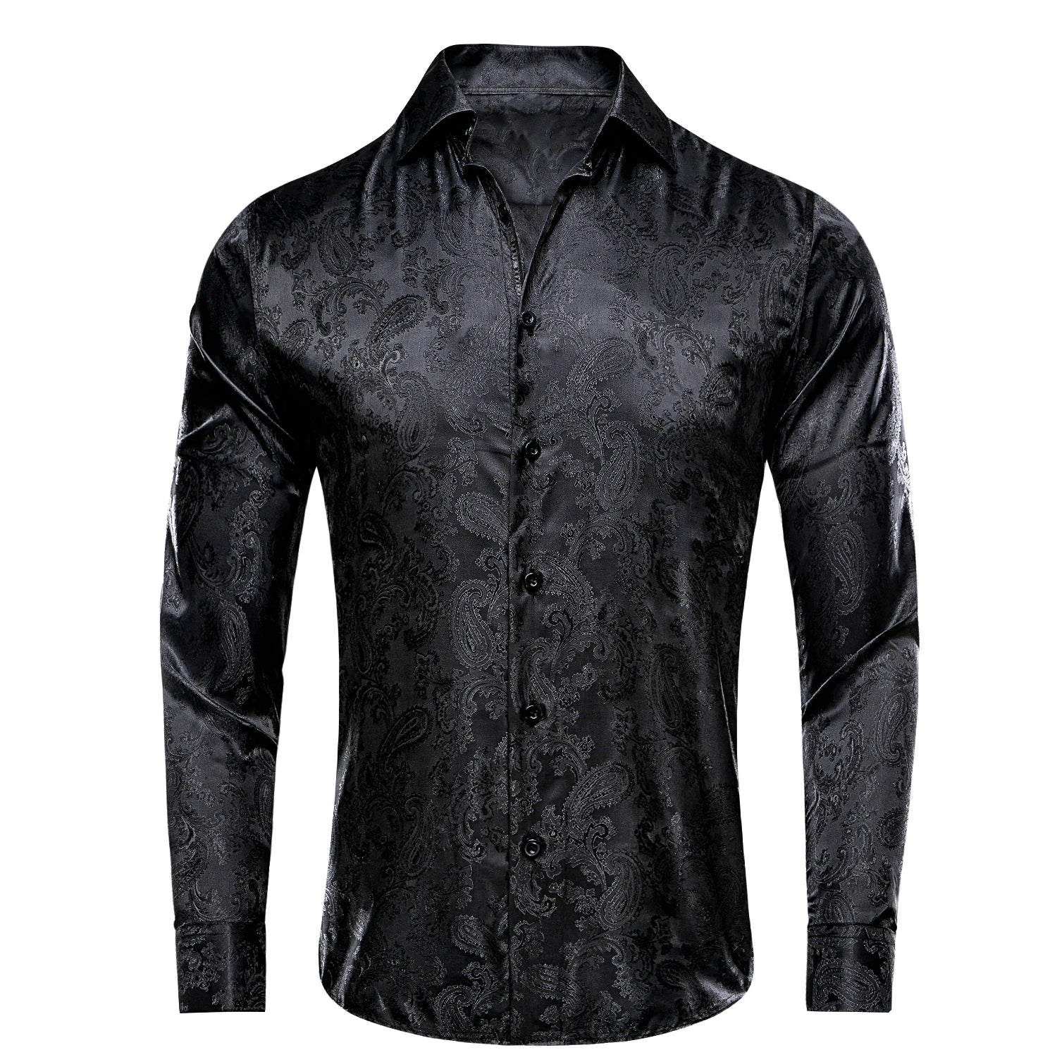 Hehope Hi-Tie Mens Shirts Silk Paisley Navy Blue Pink Black White Green Long Sleeve Lapel Shirt Casual Formal for Male Wedding Business