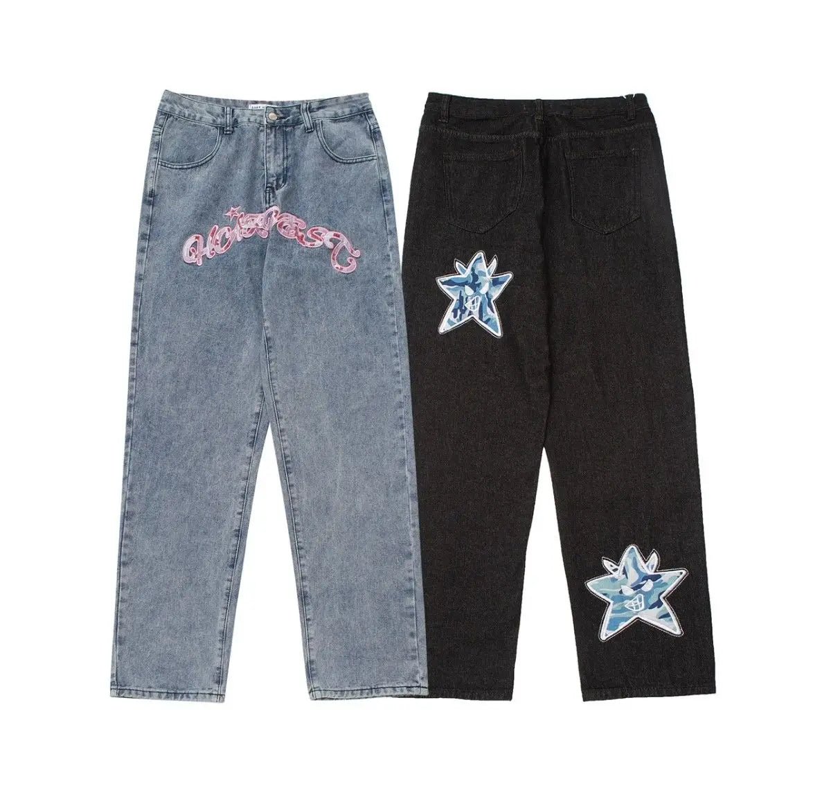 Hehope Y2K Retro Street Print Alphabet Star Jeans Men and Women Hip-hop High Street Spring and Autumn Loose Straight Drag Casual Pants