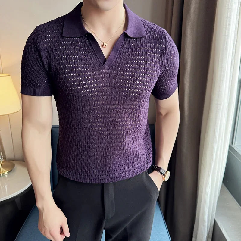 Hehope Men's Polo Shirt 2024 Summer New Light and Thin Knitted Hollow Solid Color Casual Short Sleeved V-neck T-shirt Men's Clothing