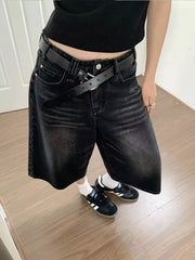 Hehope Retro Fashion Y2k Women Jeans Streetwear Jorts Brushed Black Wash Cropped 2024 New Baggy Wide Leg Frayed Denim Short Pants