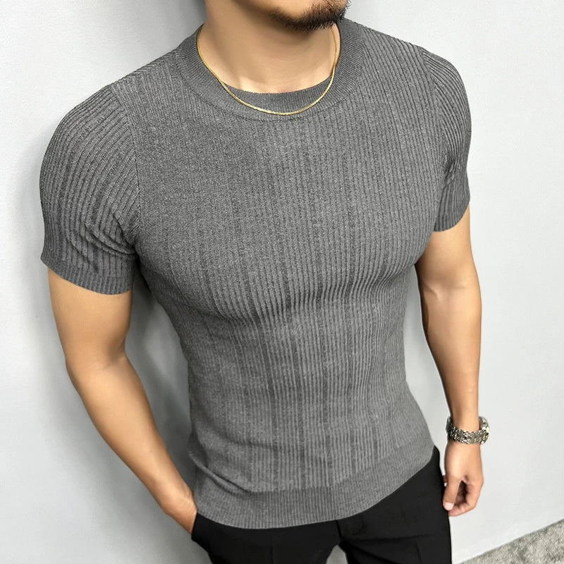 Hehope Summer Short Sleeve Knitted T-shirt Men Striped Round Neck T-shirts Elasticity Slim Fit Casual Business Social Bottoming Shirt