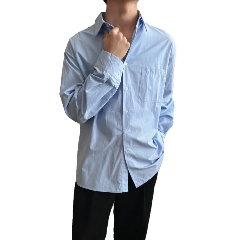 Hehope Blue White Long Sleeved Shirt Men Fashion Social Mens Dress Shirt Korean Loose Casual Shirts Mens Office Formal Shirt M-2XL