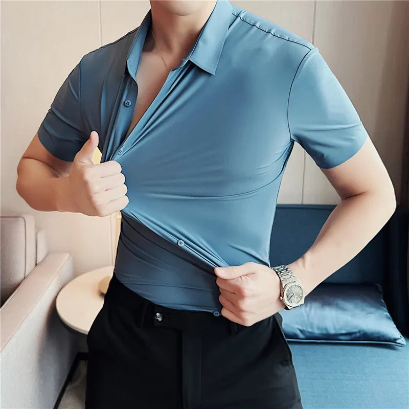 Hehope High elasticity Men Shirt Short sleeve 2024 Summer Anti-wrinkle Soft Thin Solid Casual Slim Fit Formal Dress Shirt Men Clothing