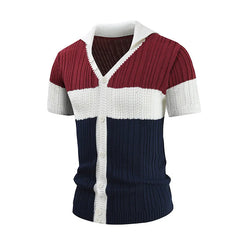 Hehope Summer Vintage Turn-down Collar Knit Shirt Men Clothes Short Sleeve Buttoned Cardigan Tops Mens Fashion Striped Patchwork Shirt