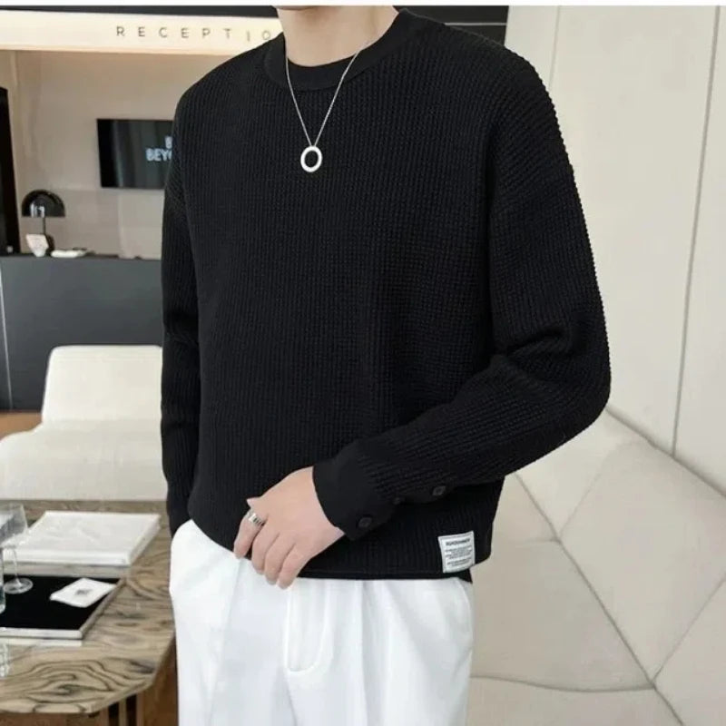 Hehope Spring Autumn New Fashion Round Neck Long Sleeve Pullovers Men's Clothing Solid Color Korean Casual Loose Trend All-match Tops