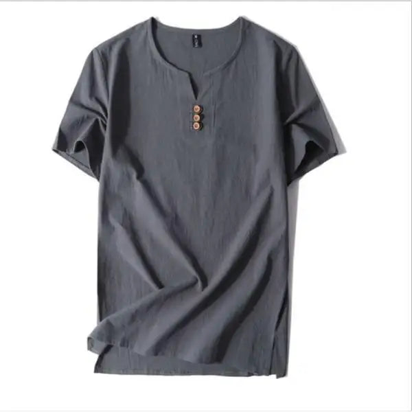 Hehope Vintage Fashion Pullovers Casual Loose Solid T-Shirts Button Embroidery Round Neck Comfortable Men's Clothing Spring Summer Man