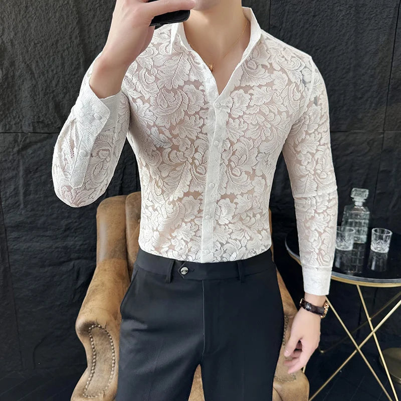 Hehope Men's Summer Mesh Perspective Lace Sheer Shirt Long sleeved Fashion Sexy Slim Fit Shirt Party Event Daily Home Chemistry Homme