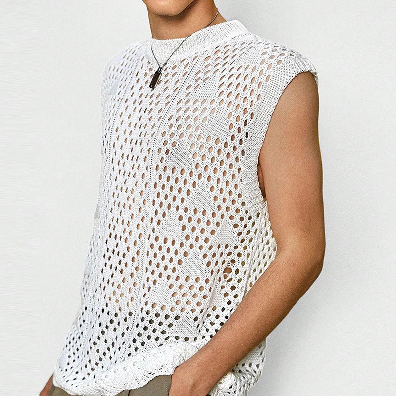 Hehope New Spring Casual Mesh Tank Tops Men Fashion Hollow Out Transparent Vest Mens Sexy See Through Bottoming Top Crew Neck Camisole