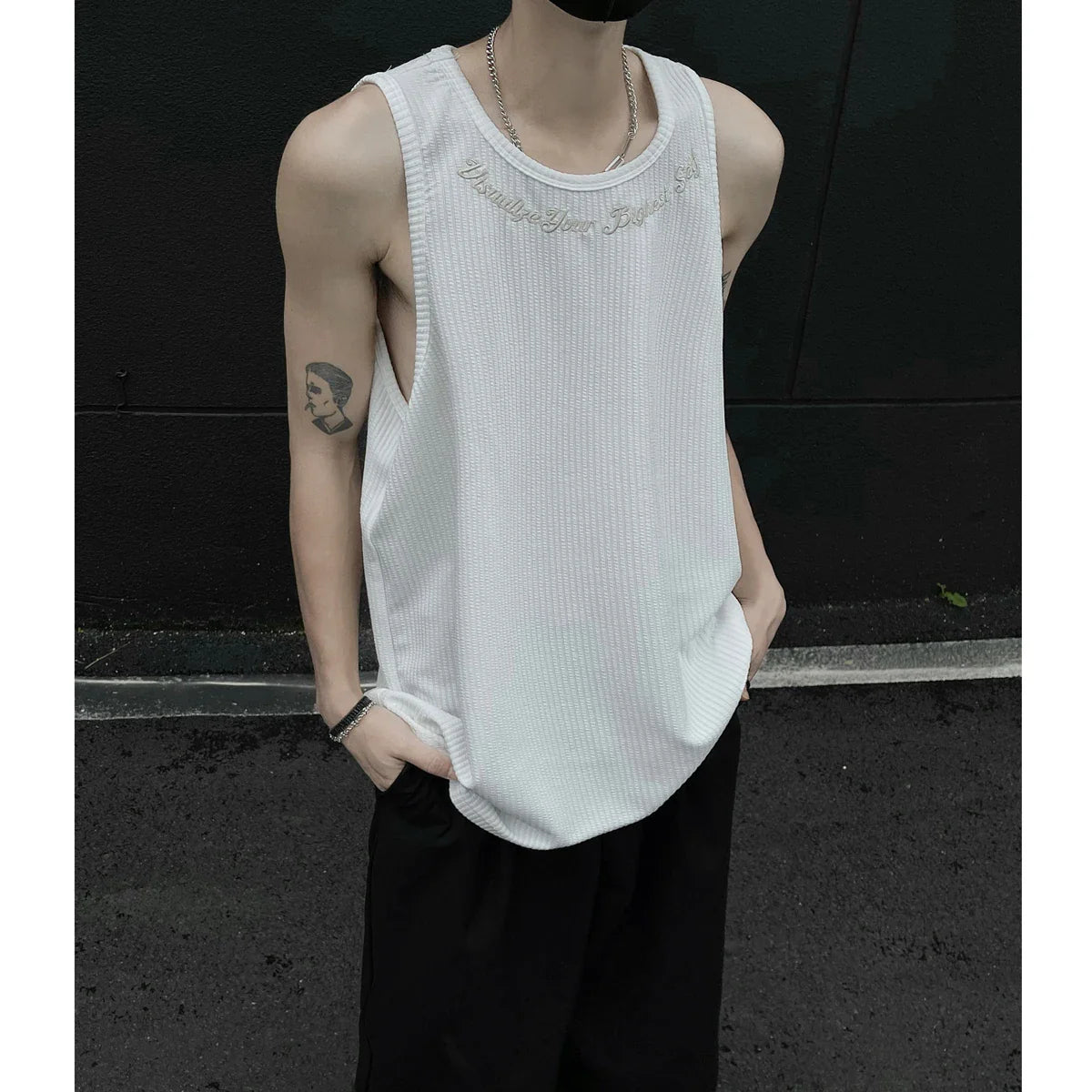 Hehope Summer Men's Letter Embroidery Tank Top Black White Oversized Sleeveless T-shirts for Men