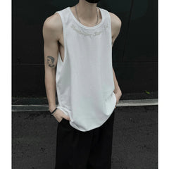 Hehope Summer Men's Letter Embroidery Tank Top Black White Oversized Sleeveless T-shirts for Men