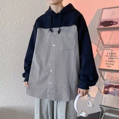 Hehope New Spring and Autumn Fashion Trend Simple and Loose Relaxed Casual Versatile Men's Striped Shirt Panel Hooded Sweater