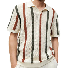 Hehope Leisure Breathable Knitting Pullovers Men New Casual Lapel Short-sleeved Knit Polo Shirt Mens Summer Beach Striped Knitted Tops