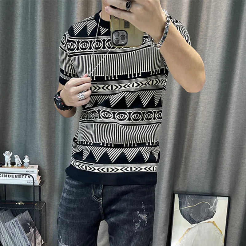 Hehope Korean Slim Bottomed Shirt Thick O-Neck Stripe Short Sleeve T-shirt Streetwear Knitted Sweater Top Quality Male Knit Tshirt Tee