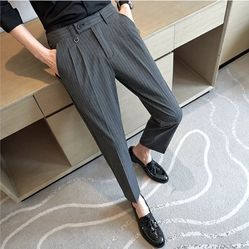 Hehope Summer New Striped Suit Pants Men's Slim Fit Ankle Length Straight Elasti Casual Pants Fashion Business Social Dress Pant