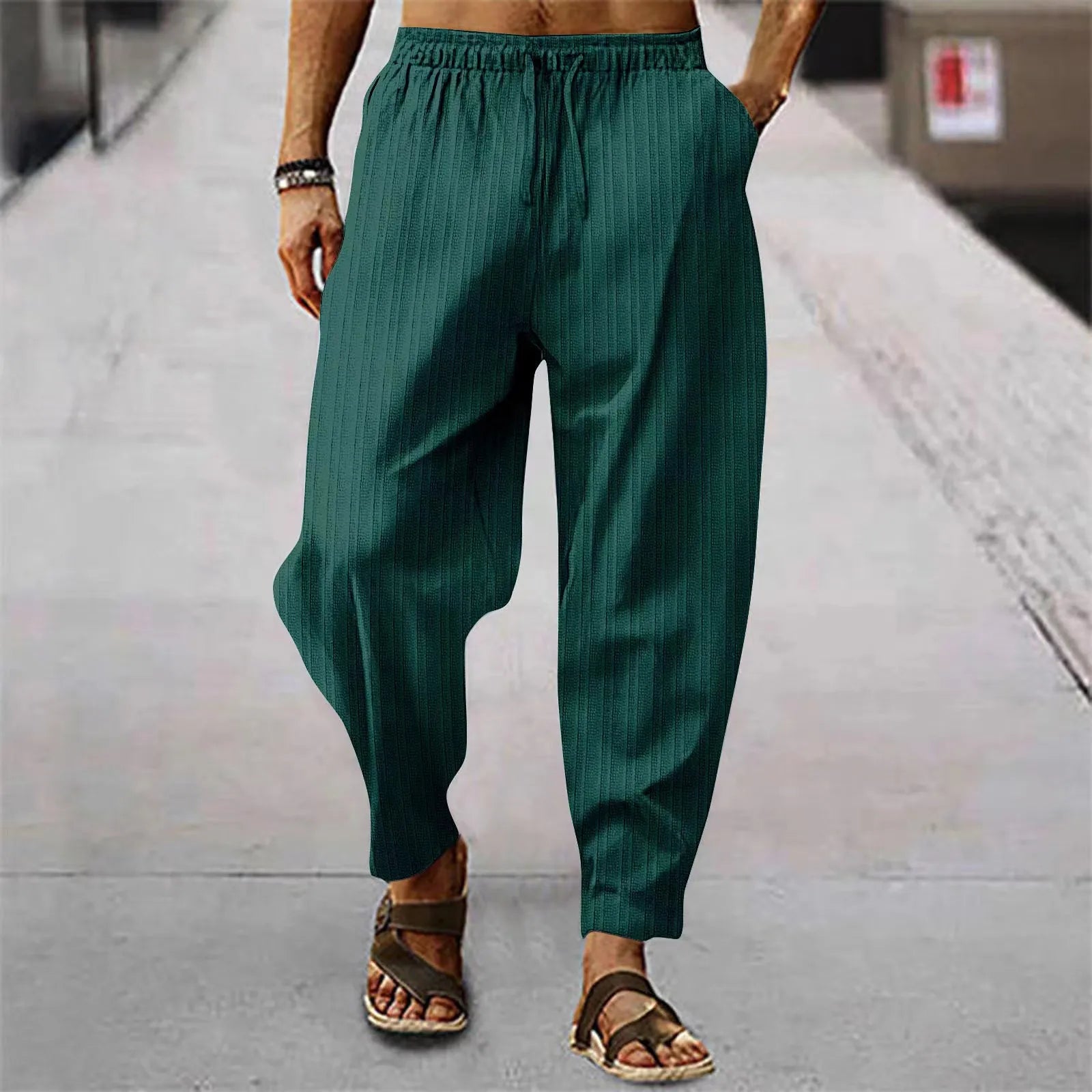 Hehope New Spring Summer Men's Stripe Cotton Linen Pants Solid Color Fashion Casual Loose Hip Hop Breathable Trousers Streetwear S-3XL