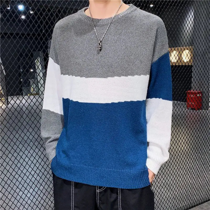 Hehope Knit Sweater Male Crewneck Pullovers Men's Clothing Blue Striped Round Collar Elegant Japanese Retro New in Free Shipping Cheap